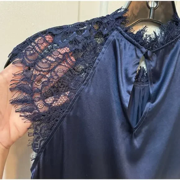 NWT Generation Love Charolette Navy Blue Silk Lace Sleeve Blouse Top Size S - Picture 7 of 10